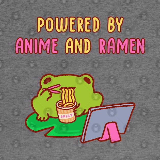 Powered by anime and ramen, a cute frog eating ramen noodles and watching his ipad by Tinyarts